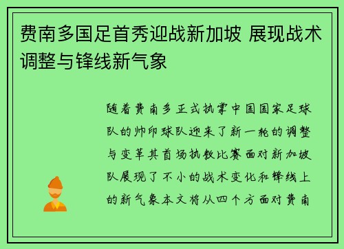费南多国足首秀迎战新加坡 展现战术调整与锋线新气象