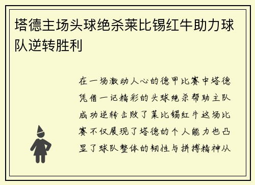 塔德主场头球绝杀莱比锡红牛助力球队逆转胜利
