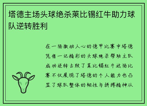 塔德主场头球绝杀莱比锡红牛助力球队逆转胜利